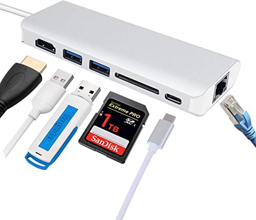 Image of ELECTRO WOLF Type C USB C Hub, 6-in-1 Type C Adapter with 1Gbps RJ45 Ethernet Port, 4K HDMI, 2 USB 3.0, SD Card Reader, 60W PD Charging Port for USB Type C Windows Laptop