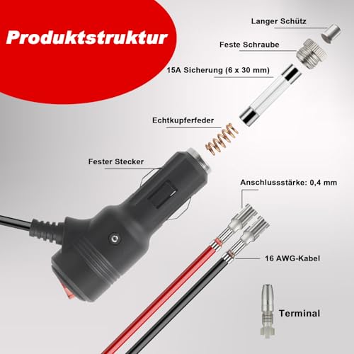 Funyord 2 Stück Zigarettenanzünder-Stecker (1m) mit Schalter – 12V/24V 16AWG Verlängerungskabel mit Doppelt Isolierter Außenhülle für Auto, Wohnmobil, Boot, Motorrad