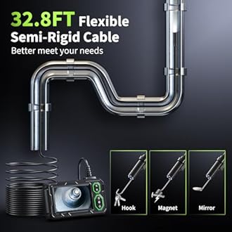 Endoscope Camera with Light, 4.3" Inspection Camera, 1920P HD Borescope with 8 LED Lights, IP67 Waterproof Snake Sewer Tools, 32.4ft Semi-Rigid Drain Endoscope Cool Gadget (Green）