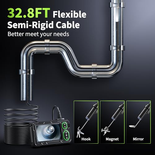 Endoscope Camera with Light, 4.3" Inspection Camera, 1920P HD Borescope with 8 LED Lights, IP67 Waterproof Snake Sewer Tools, 32.4ft Semi-Rigid Drain Endoscope Cool Gadget (Green）