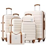 LONG VACATION Luggage Sets 4 Piece Luggage with ABS+PC Hardshell, Spinner Wheels & YKK Zipper TSA Lock for Travel Esssentials (White-Brown, 6 Piece Set)