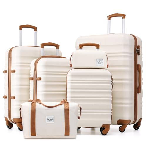 LONG VACATION 6 Piece Luggage Set Carry on Suitcase with ABS+PC hardshell, Spinner Wheels & YKK Zipper TSA Lock (WHITE-BROWN, 6 piece set)