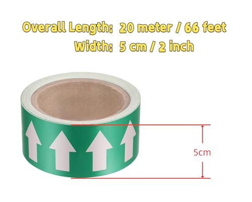 Image of Pipe Flow Arrow Tape Pipeline Arrow Stickers 2 Inch x 66 Ft (5cm x 20M) Pipe Identification Marking Arrow Labels with Reflective Strips for Pipe Flow Markers, Green /White