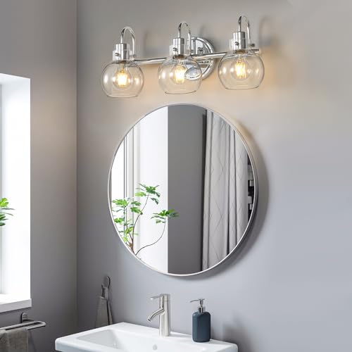 Image of Bathroom Light Fixtures Polished Chrome 3 Light Vanity Light Wall Sconces Lighting with Clear Globe Glass Shades Bath Wall Mount Lamp for Mirror Kitchen Porch Living Room Bedroom Hallway(E26)