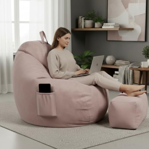 Image of KAM'S LIEU 5XL Premium Imported Suede Bean Bag Chair with Footrest & Cushion | Filled with High Density Polystyrene Beans | Premium Soft Fabric | Ready to Use Color- (Rose Gold, 5XL)