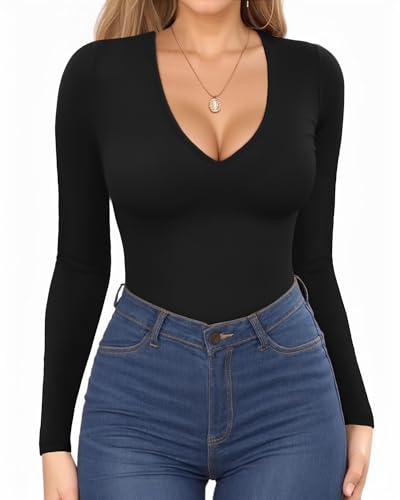 Ekouaer Deep V Neck Shirts for Women Long Sleeve Thermal Tops Slim Fit Lightweight Undershirts Soft Low Cut Tees XS-XXL