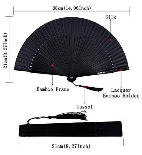 Amajiji 8.27"(21Cm) Hand Held Bamboo Silk Folding Fan Hand Fan,Chinese/Japanese Charming Elegant Vintage Retro Style,Women Ladys Girls Best Gifts (Black) #TOP1