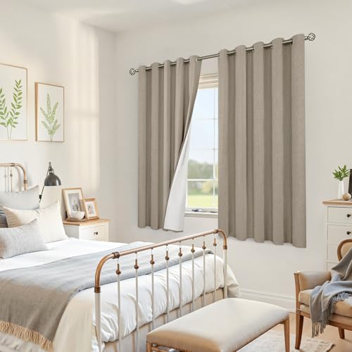 Image of YoungsTex Extra Wide Burlap Linen Blackout Curtains for Bedroom, Taupe Thermal Insulated Drapes Heat Blocking with Grommet for Living Room Window with White Backing, 2 Panels, 60 X 63 Inch