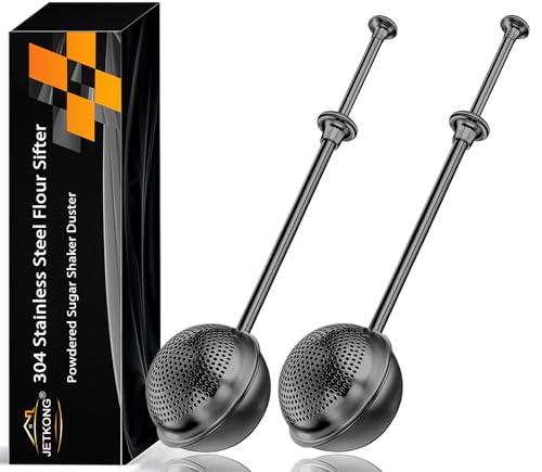 La Mejor Recopilación de Tamices los más recomendados. 50 JETKONG Tamiz grande para harina, tamizadores para hornear con varilla para espolvorear de acero inoxidable 18/8 para azúcar, harina y especias, juego de 2 (grande, negro)