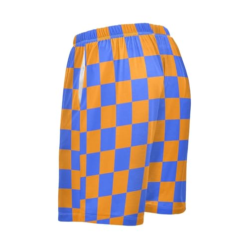 Men's Orange and Blue Buffalo Checkered Pajama Shorts with Pocket and Drawstring S3