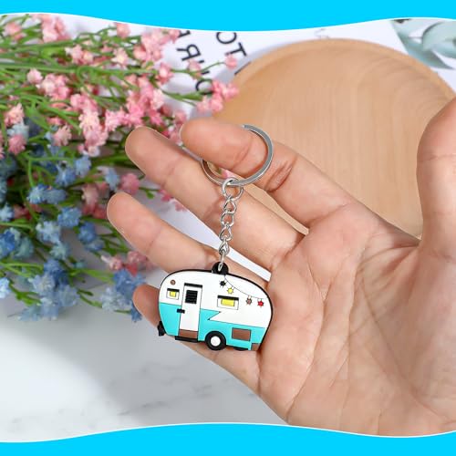 Image of Thinp 2 Pieces Camper Keychain, RV Camper Keyring Accessories for Travel Trailers Enameled Metal Retro Camping Car Keychain