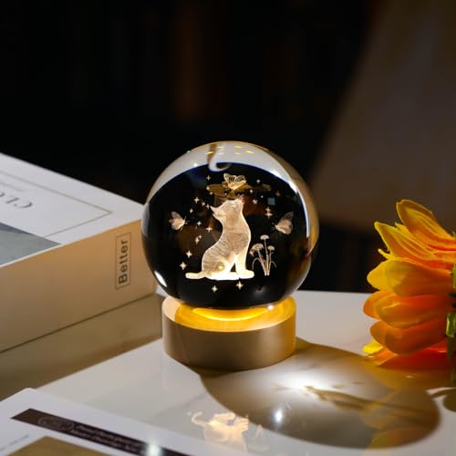 Image of Arikyrist 3D Crystal Cat Figurine With Wooden LED Light Base, 80Mm Crystal Ball Decor, Laser Engraved Glass Sphere Gifts for Cat Lovers