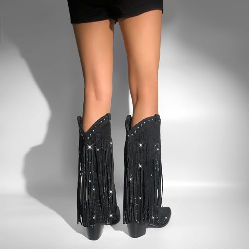 sexytag Women's Rhinestone Fringe Cowgirl Cowboy Boots for Women Knee High Wide Calf Tassal Western Boots4
