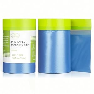 Tangibay Pre-Taped Masking Film for Painting – 22″ x 66′ Painters Plastic Sheeting with Automotive Paint Tape and Drape for Covering Cars, Walls, Windows and Furniture Protection (2 Rolls)