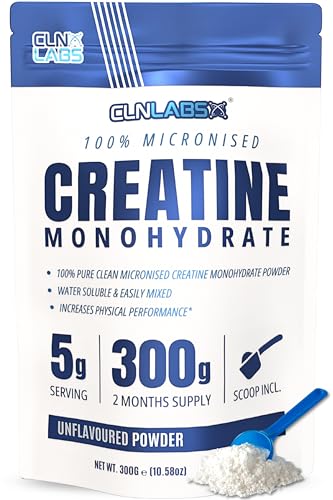 Creatine Monohydrate Powder - 300g (60 x 5g Servings) | 200 Mesh Fine Grade Powder, Pure & Mixes Easily | Includes Scoop | Unflavoured | Made in The UK by CLN Labs