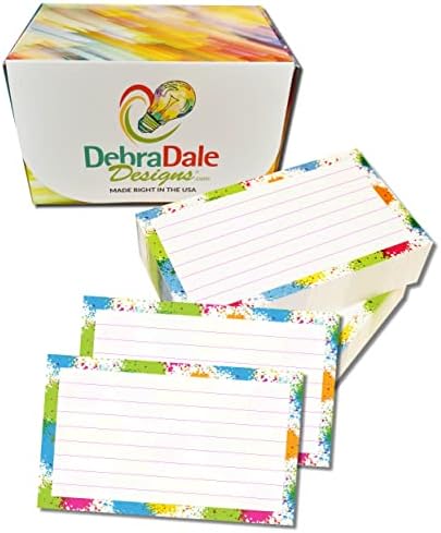 Debra Dale Designs - 250 Ruled 3" X 5" Index Cards Paint Splatter Border - Boxed - Premium 140# Heavy Thick Index Card Stock - Printed in the U.S.A.