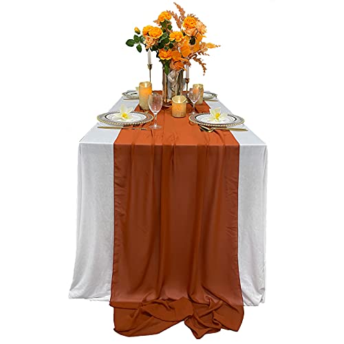 EH Linen 13ft Terracotta Chiffon Table Runner, 29x156 inches Romantic and Rustic Boho Wedding Table Runner, Top Table Sheer Bridal Party Decorations