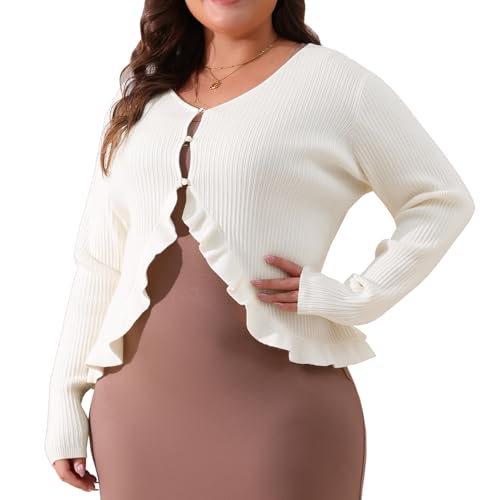 Image of Agnes Orinda Plus Size Cardigans for Women Long Sleeve Knit Sweater Open Front Ruffled Button Cardigan Outerwear