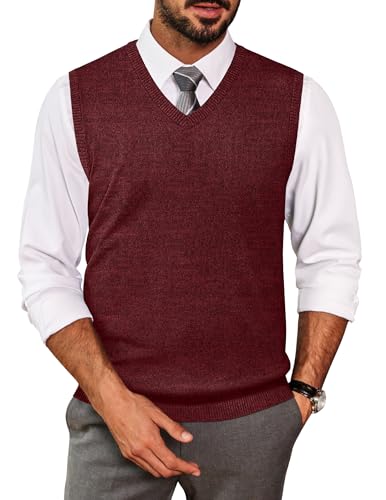 COOFANDY Men's V Neck Sweater Vest Fitted Fall Fashion Cable Sleeveless Sweaters Casual Knitted Pullovers Wine Red