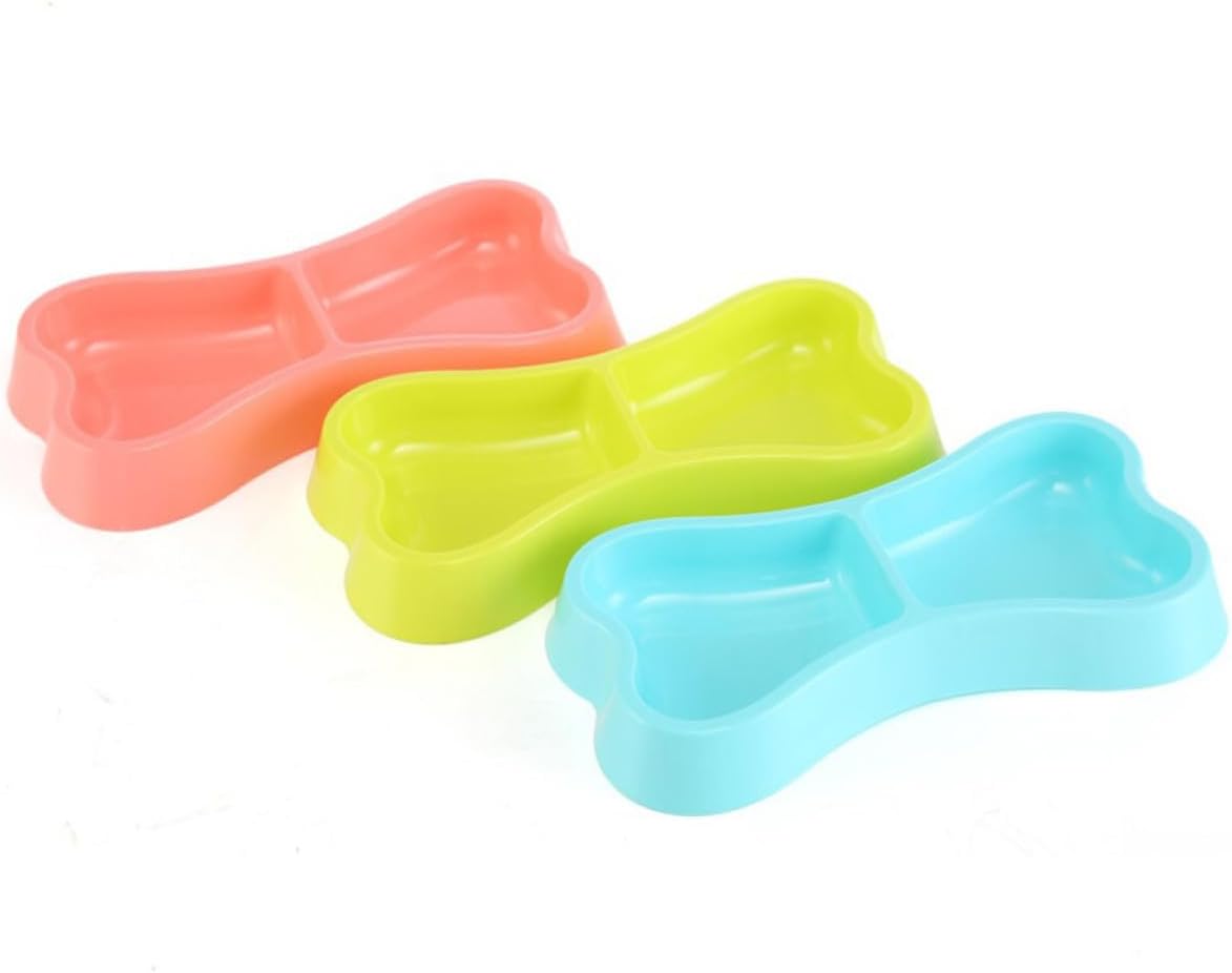 Portable Double Bowls Non Slip Bone Shape Plastic Pink Feeder
