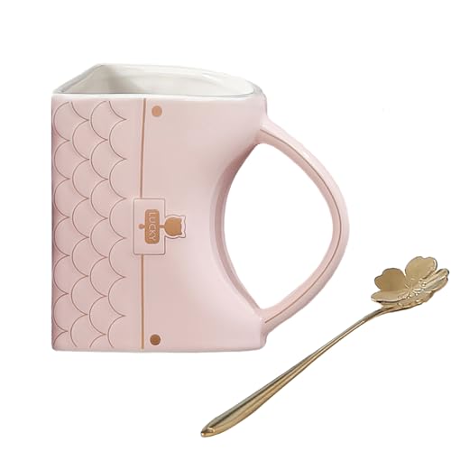 Bibykivn Taza de Café con Forma de Bolso (400ml) – Adorable Taza de Cerámica con Cuchara, Taza de Té de Porcelana, Regalo Único para Mujeres, Hogar & Oficina (Rosa)