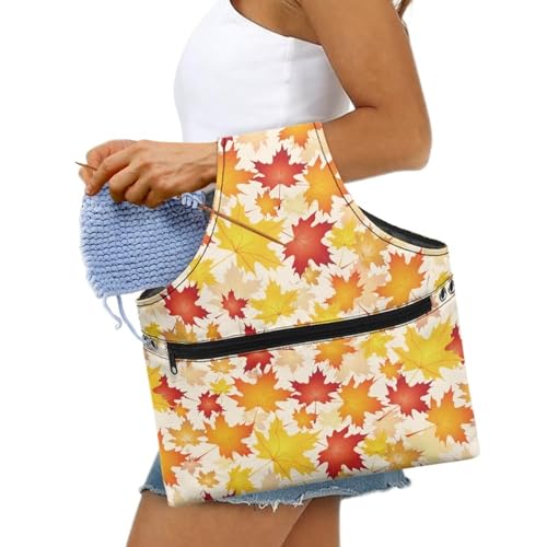 Image of KUIFORTI Knitting Yarn Bag Thanksgiving Gifts Crochet Storage Bags Fall Maple Leaf Decor Yarn Storage Tote Bag with Zipper Pocket Knitting Hook Storage, Large Size
