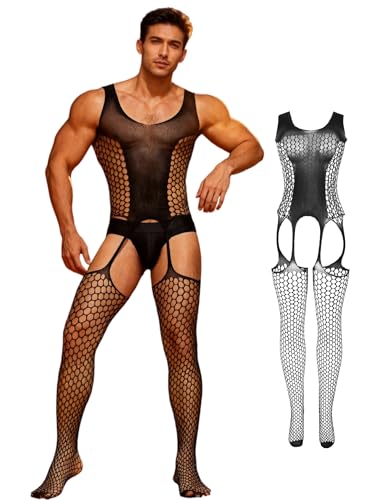 sunshinelady Mankini for Men UK Sheer Fishnet Bodysuit Sissy Lingerie Outfits Sexy Underwear One-Piece with Stockings Black L-2XL
