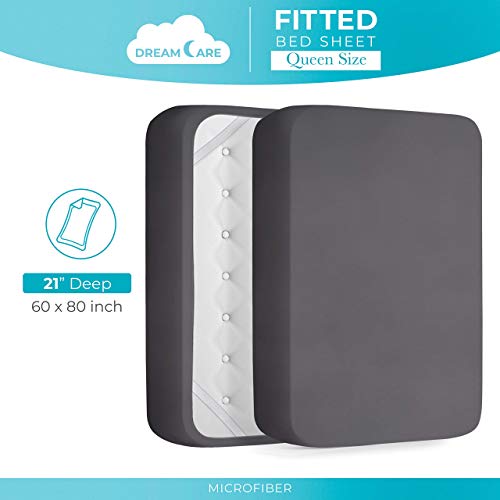 Dreamcare Queen Fitted Sheet - Extra Deep Pocket Fitted Sheet - Fits Up To 21 Inch Mattress - Deep Pocket Queen Sheets - Hotel Luxury - Shrinkage & Fade Resistant - 1 Fitted Sheet Only (Grey, Queen) #TOP3