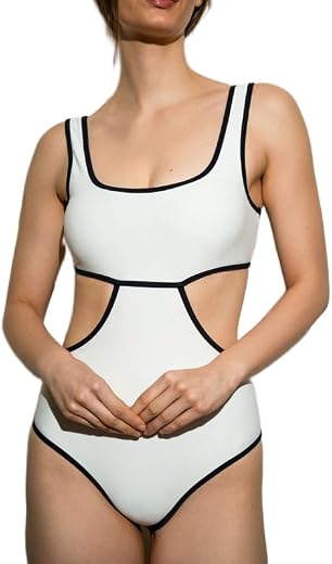 LOST APE Black White Monokini Swimsuit Contrast Cut Out One Piece Swimwear | Adjustable Back Ties | Removable Cups | Quick...
