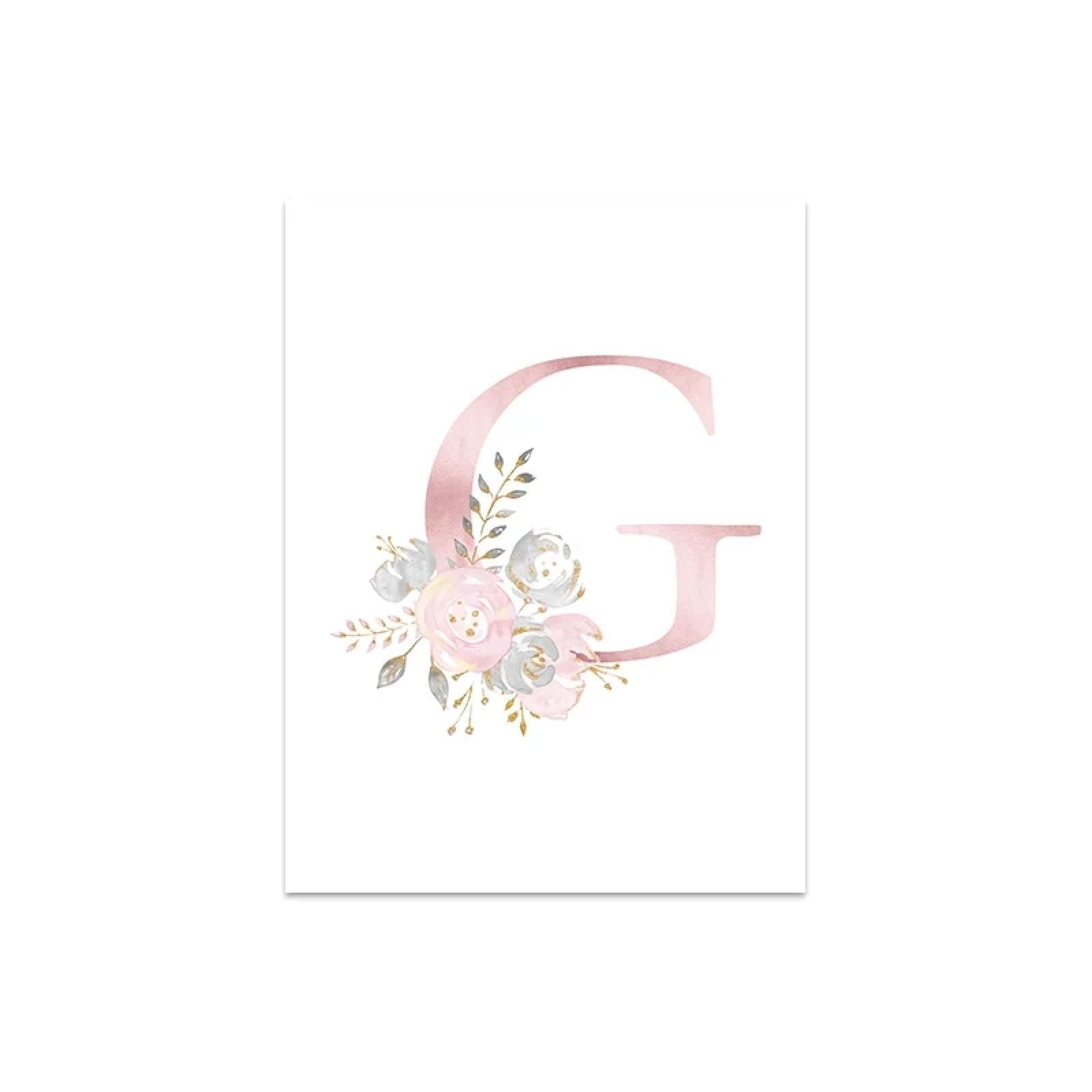 Letra G Carteles Personalizado Nombre de Niña Póster de Lienzo Personalizado Impresiones de Guardería Flor Rosa Arte de Pared Pintura Decoración de Habitación de Bebé 40 x 60 cm