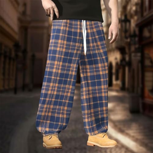 Men's Plaid Baggy Pants Elastic Waist Striped Wide Leg Sweatpants Checkered Casual Workout Trousers2