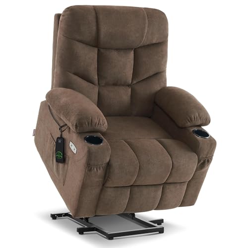 MCombo Recliner Armchair Lift Chair for Elderly, Power Electric Riser Recliner for Living Room, Fabric Reclining Sofa Chair, Extended Footrest, Type C+USB Ports, 2 Cup Holders 7287 (Brown, Medium)