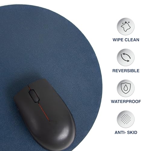 Image of Bellblock Round Mouse Pad | Computer Mouse Mat | Vegan PU Leather | Anti-Slip | Smooth Mouse Control | Spill-Resistant Surface | Blue & Tan | Diameter 22 cm (Pack of 1)