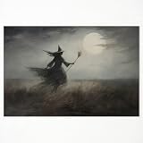 ogyormpi Vintage Halloween Canvas Wall Art, Victorian Ashland Witch In Moonlight Meadow Poster, Creepy Halloween Full Moon Night Sky Print, Scary Witch Silhouette Pictures 12x16in Unframed
