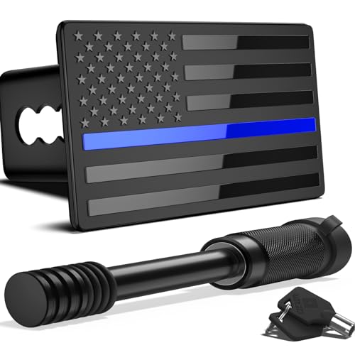 2 Inch Trailer Hitch Cover with American Flag, Heavy Metal Trailer Hitch Cover Fit for 2 Inch Hitch Receivers (with 5/8" Pin Dia Anti-Theft Trailer Hitch Lock),3 * 5" Black&Thin Blue Line