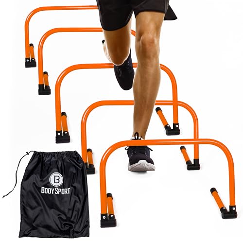 Body Sport Adjustable Athletic Speed Training Hurdles in Orange, Jumping & Speed Training Fitness Equipment, Hurdles for Track & Field, Basketball, Soccer & More, Set of 5