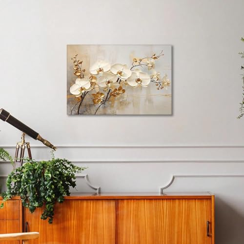 Toile murale florale blanche et dorée 61x92cm avec cadre chic