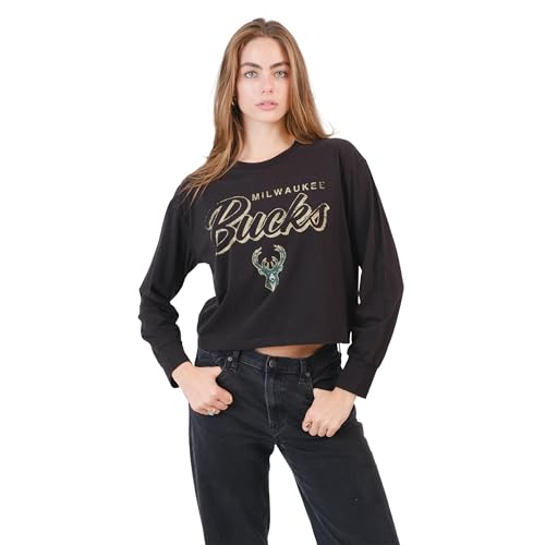 Ultra Game Women's NBA Super Soft Crop Top Pullover Sweatshirt, Milwaukee Bucks, Black, Large