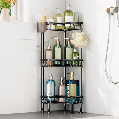 HapiRm Standing Shower Caddy Corner - 3 Tier Corner Shower Organizer with Toothbrush Holder and 12 Hooks Large Capacity Rustproof Bathroom Shelves for Tall Bottles Black