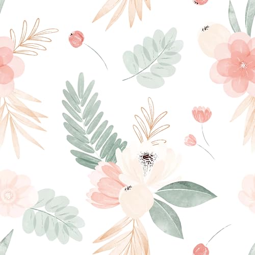Papel de pared hojas verdes y amapola rosa autoadhesivo y extraíble 2