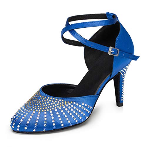 MGM-Joymod Damen Strass Satin geschlossen Zehenbereich Latin Tango Tanzschuhe Hochzeit Party Sandalen, Blau - Blau 8 cm Absatz - Größe: 38.5 EU Cover