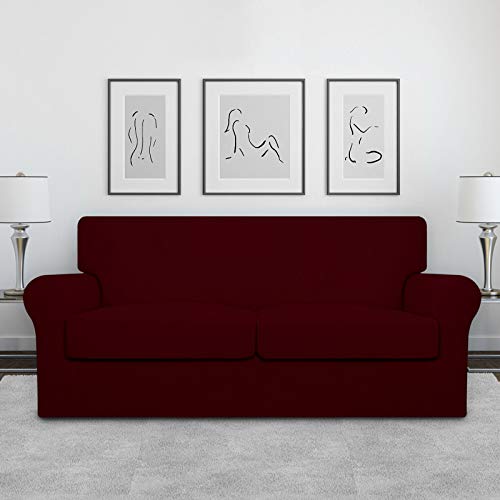 Image of Easy-Going Oversized 3 Pieces Stretch Fleece Soft Loveseat Couch Cover for Pets - Washable Sofa Slipcover for 2 Separate Cushion Couch - Elastic Furniture Protector for Dogs, Kids Wine