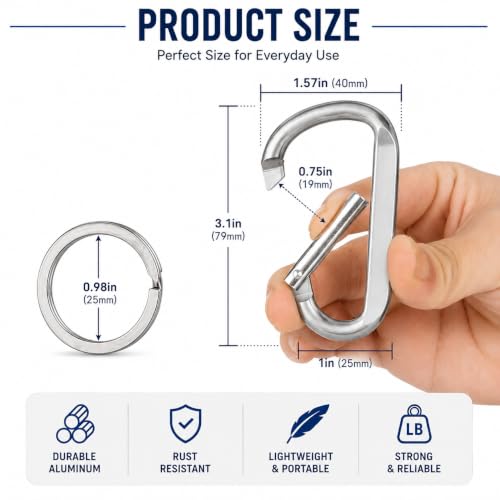 Image of Carabiner Caribeaner Clip,3 inch Large Aluminum D Ring Shape Carabeaner with Keyring Keychain Hook