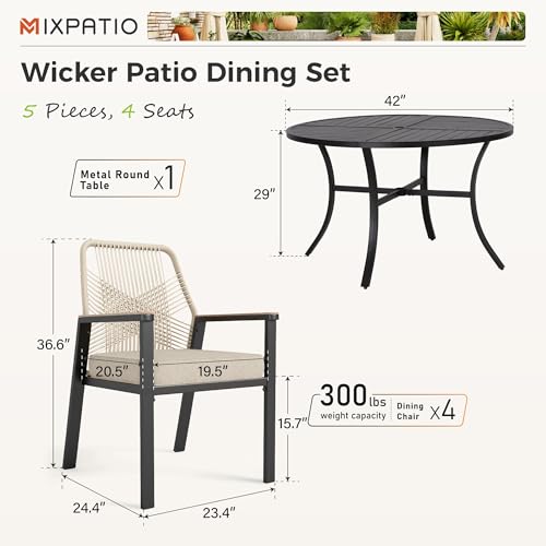 Image of MIXPATIO 5 Pieces Round Outdoor Dining Set for 4, Patio Dining Set Wicker Rattan Chairs with Soft Cushion and 42 inch Round Table with Umbrella Hole, Round Patio Table and Chairs for Backyard Porch