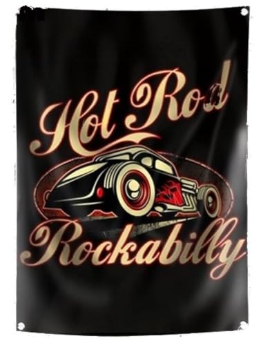 hotrodspirit - Hot Rod Flag Black with Red Rockabilly Flames, 150 x 90 cm