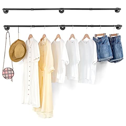 iflove Industrial Pipe Clothing Rack, 70 Inch Wall Mounted Clothes Rack, Wall Racks Hangers Laundry Room for Hanging Clothes, Closet Rods, Display Rack for Retail, SET OF 2, Black with 4 Hooks Cover