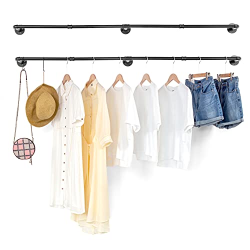 iflove Industrial Pipe Clothing Rack, 70 Inch Wall Mounted Clothes Rack, Wall Racks Hangers Laundry Room for Hanging Clothes, Closet Rods, Display Rack for Retail, SET OF 2, Black with 4 Hooks