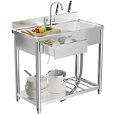 ahomrt 304 Stainless Steel Outdoor Utility Sink with Workbench & Storage Shelf, Freestanding Prep Table with Left Drawer, 39' Garden Patio Sink Station with 360° Hot & Cold Water Faucet
