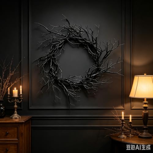 17 Inch Large Black Twig Spooky Realistic Halloween Wreath for Front Door (Black) - image 4