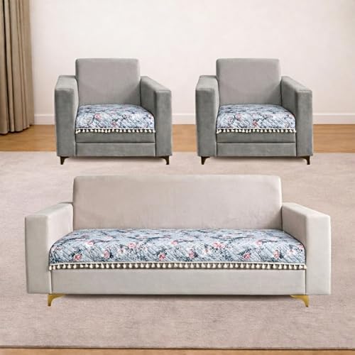 Image of Homerz Premium Printed Quilted Velvet Sofa Slip Cover Protector with Tassels, Sofa Mat, Exact Size, Antislip Cover (Grey Autumn, 5 (3+1+1) Seater, Half)